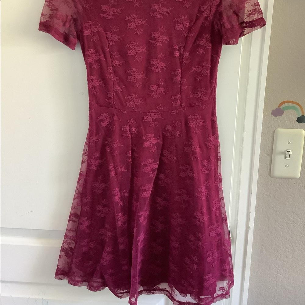 Maroon small lace dress.